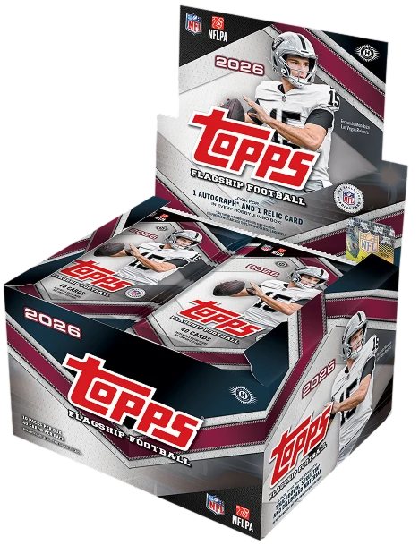 2026 Topps Flagship Football Jumbo Box – breites geöffnetes Display mit Footballspieler und Packs