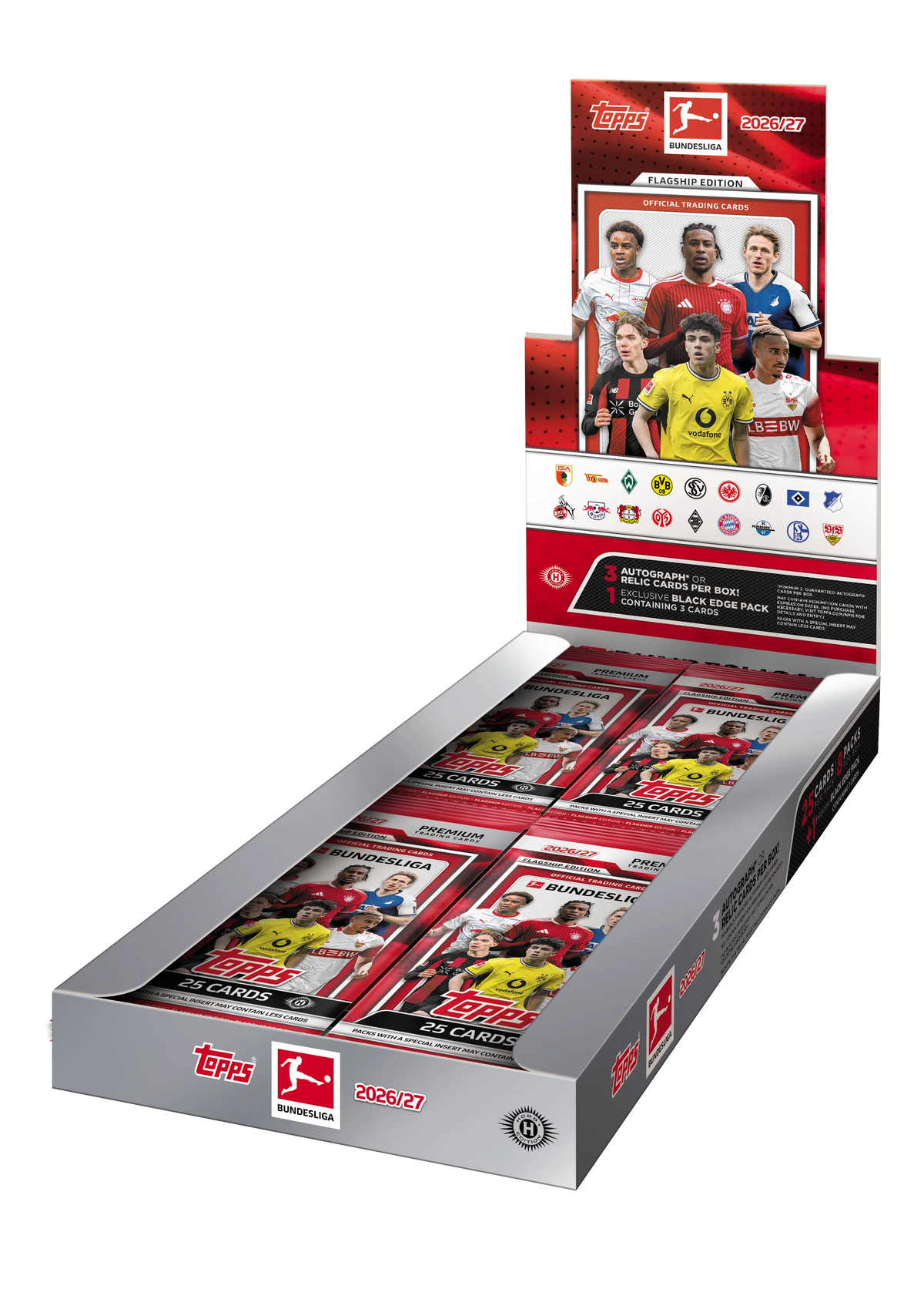 2026/27 Topps Flagship Bundesliga Hobby Jumbo Box – geöffnetes rot-weisses Display mit Fussballspielern und Packs