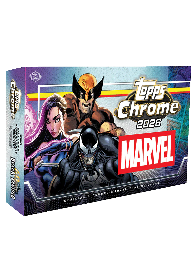 2026 Topps Chrome Marvel Comics Hobby Box – querformatige Verpackung mit Comicfiguren und Marvel-Logo