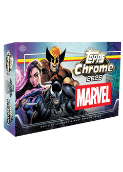 2026 Topps Chrome Marvel Comics Hobby Box – querformatige Verpackung mit Comicfiguren und Marvel-Logo