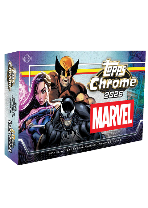 2026 Topps Chrome Marvel Comics Hobby Box – querformatige Verpackung mit Comicfiguren und Marvel-Logo