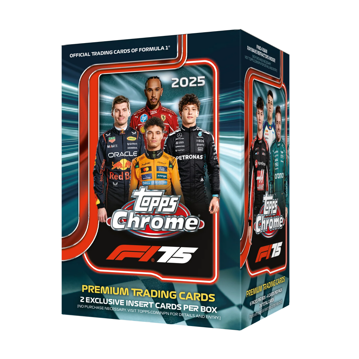 2025 Topps Chrome Formula 1 Value Box – Verpackung mit F1-Fahrern und Chrome-Logo