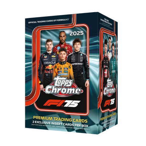 2025 Topps Chrome Formula 1 Value Box – Verpackung mit F1-Fahrern und Chrome-Logo