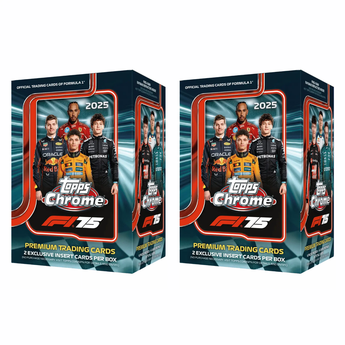 Zwei 2025 Topps Chrome Formula 1 Value Boxen nebeneinander