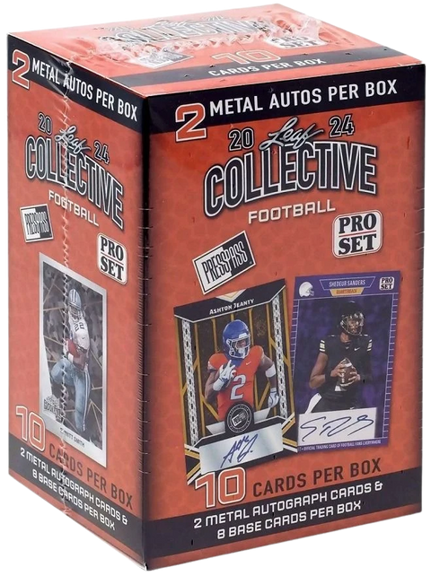 2024 Leaf Collective Football Blaster Box – orange Verpackung mit abgebildeten Autogrammkarten
