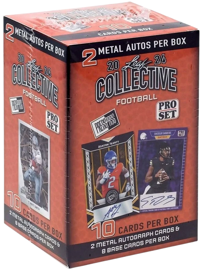 2024 Leaf Collective Football Blaster Box – orange Verpackung mit abgebildeten Autogrammkarten