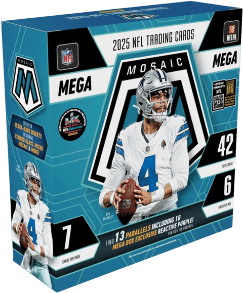 2025 Panini Mosaic NFL Football Mega Box – türkisfarbene Verpackung mit Footballspieler