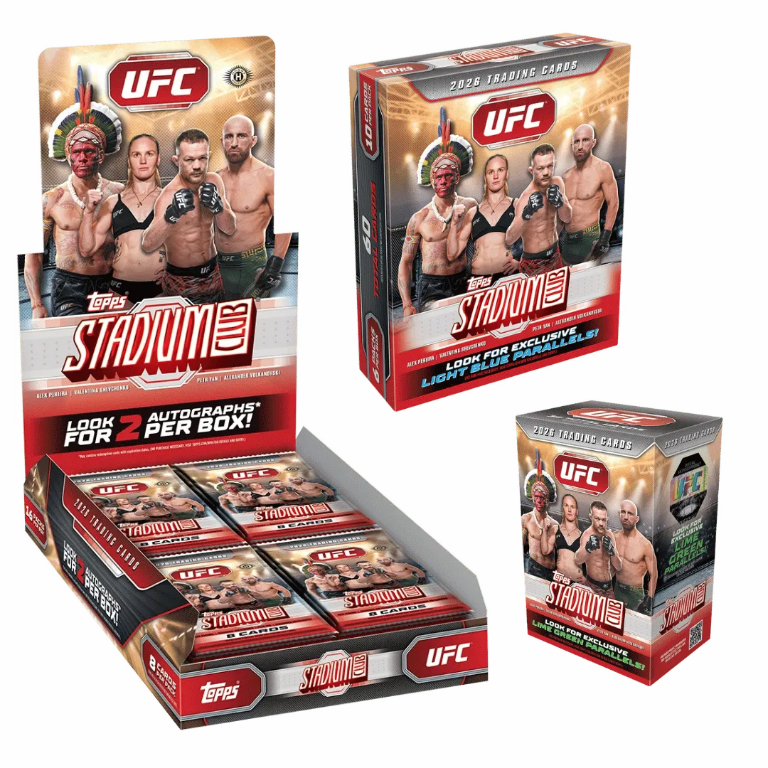 Topps Stadium Club UFC Bundle – geöffnetes Hobby-Display sowie eine Mega Box und eine Value Box