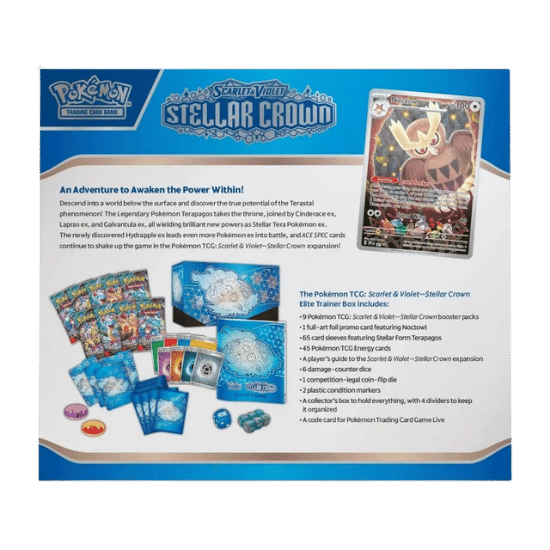Rückseite der Stellar Crown Elite Trainer Box mit Inhaltsübersicht, Noctowl-Promokarte und Zubehör
