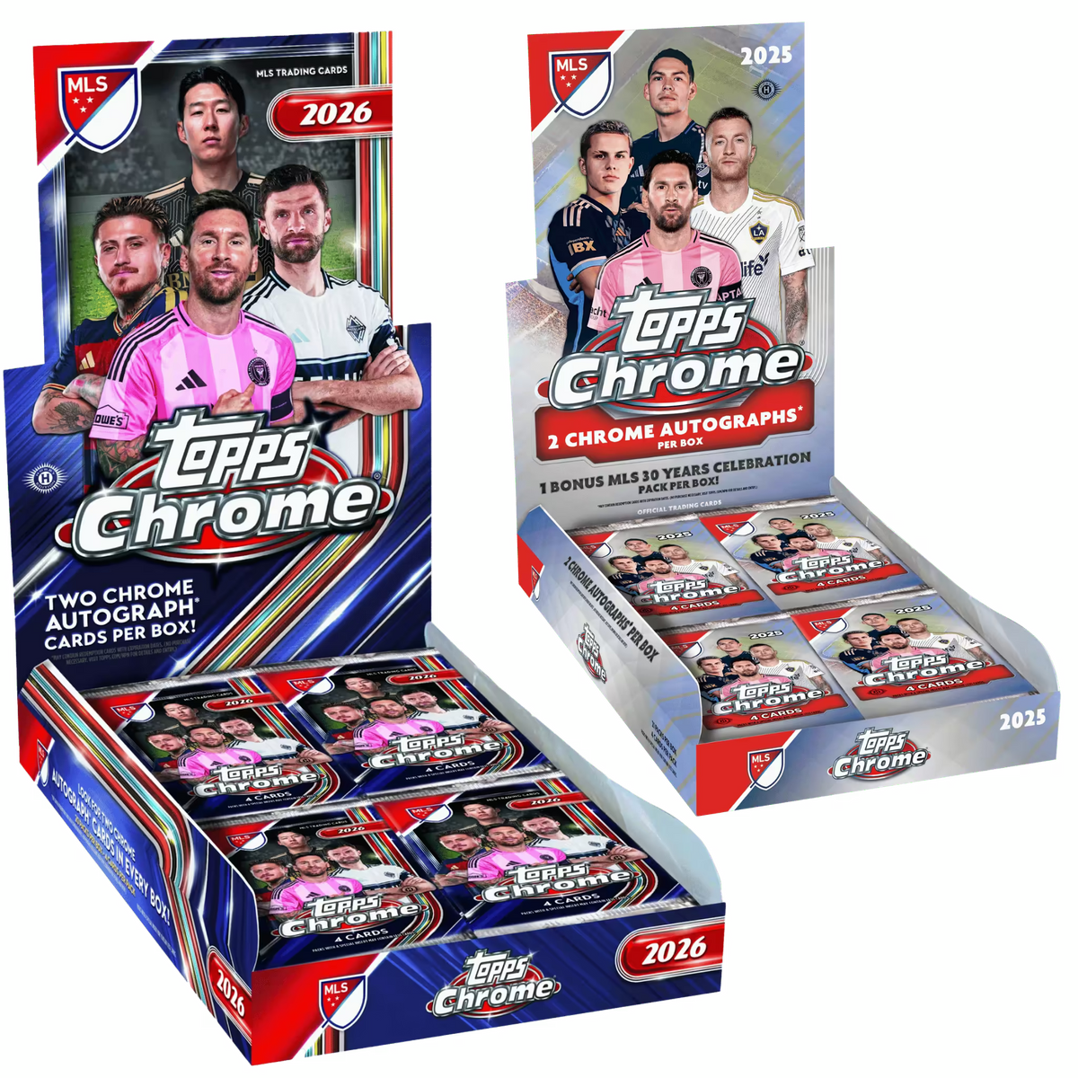 Topps Chrome MLS Hobby Box Bundle 2025 und 2026 – zwei geöffnete Displays