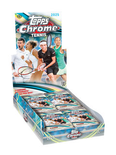 2025 Topps Chrome Tennis Hobby Box – geöffnetes Display mit Booster Packs