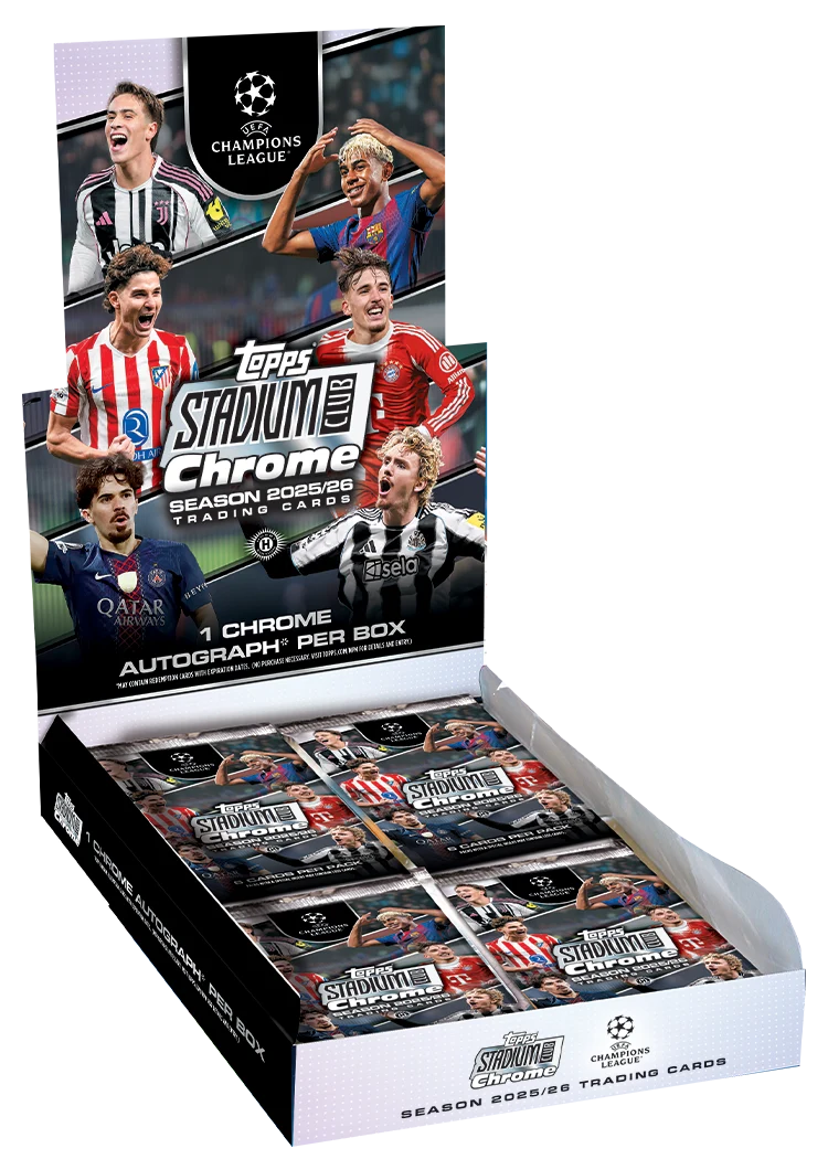 2025/26 Topps Stadium Club Chrome UEFA Champions League Hobby Box – geöffnetes Display mit Fussballspielern und Packs