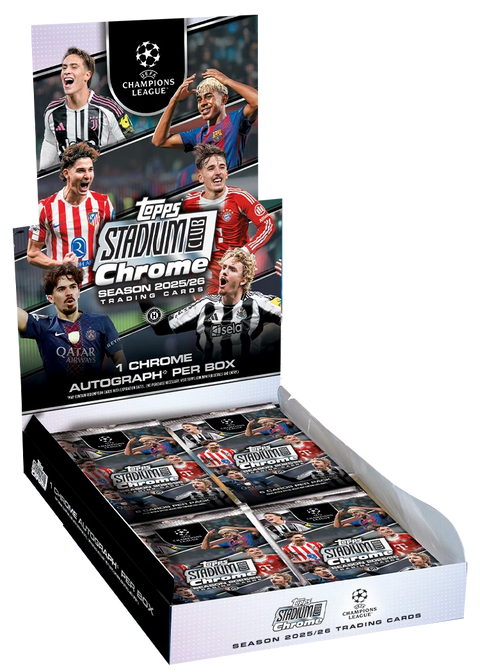 2025/26 Topps Stadium Club Chrome UEFA Champions League Hobby Box – geöffnetes Display mit Fussballspielern und Packs