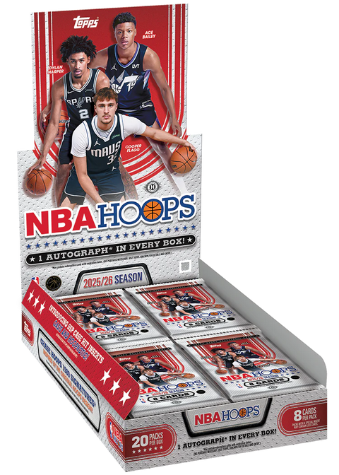 2025/26 Topps NBA Hoops Hobby Box – geöffnetes rot-weisses Display mit drei Basketballspielern und Packs