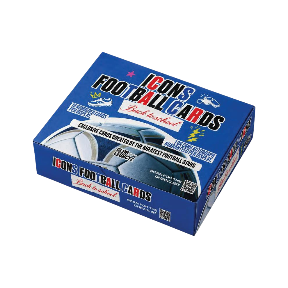 Club Legacyz Icons Back to School – blaue Displaybox mit Football-Cards-Schriftzug und Fussballmotiv