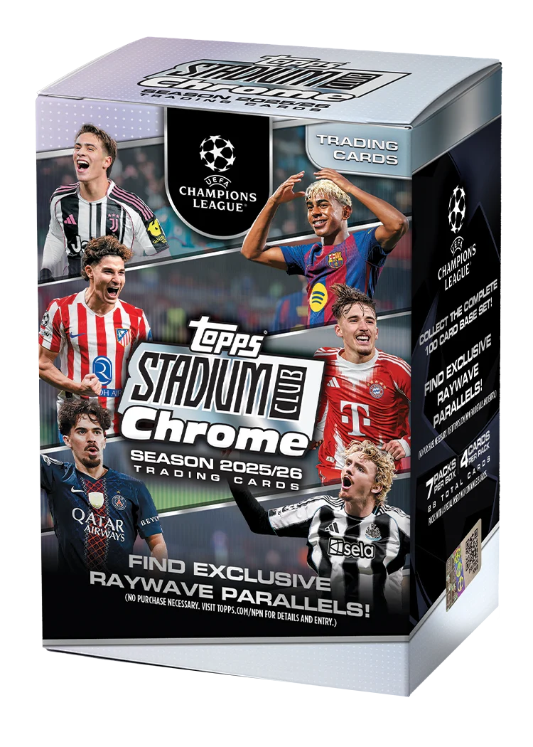 2025/26 Topps Stadium Club Chrome UEFA Champions League Value Box – Verpackung mit Fussballspielern und Raywave-Aufdruck