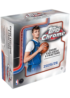 2025/26 Topps Chrome Basketball Mega Box – silberfarbene Verpackung mit Basketballspieler und X-Fractors-Aufdruck