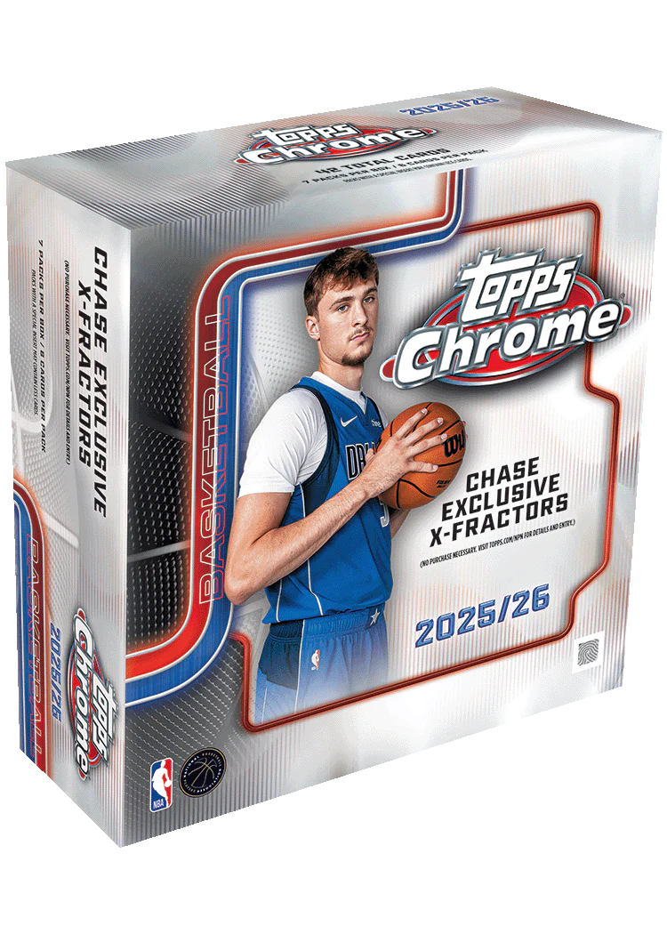 2025/26 Topps Chrome Basketball Mega Box – silberfarbene Verpackung mit Basketballspieler und X-Fractors-Aufdruck