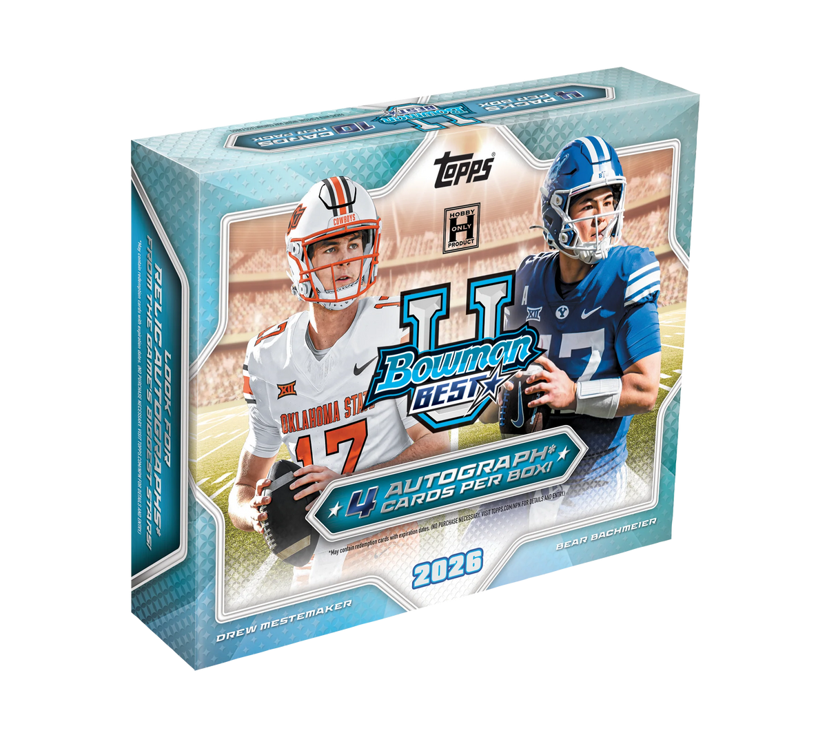 2026 Bowman U Best Football Hobby Box – türkisfarbene Verpackung mit zwei College-Footballspielern