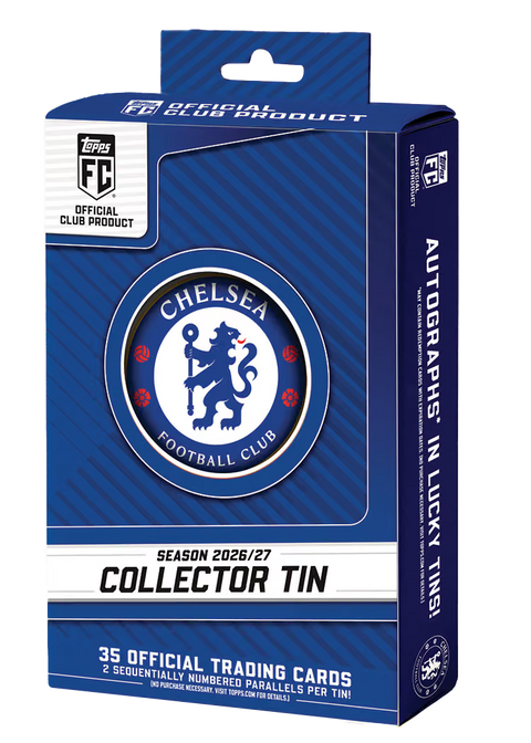 Topps Collector Tin Chelsea FC 2026/27 – blaue Verpackung mit Chelsea-Wappen