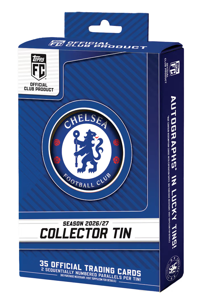 Topps Collector Tin Chelsea FC 2026/27 – blaue Verpackung mit Chelsea-Wappen