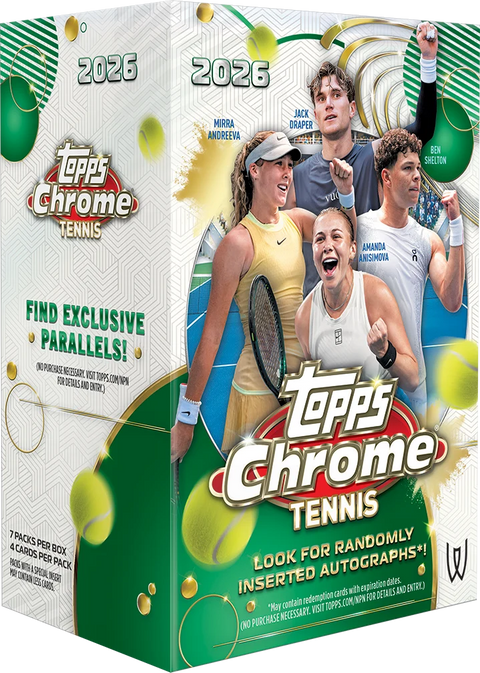 2026 Topps Chrome Tennis Value Box – geschlossene grün-weisse Verpackung mit vier Tennisspielern