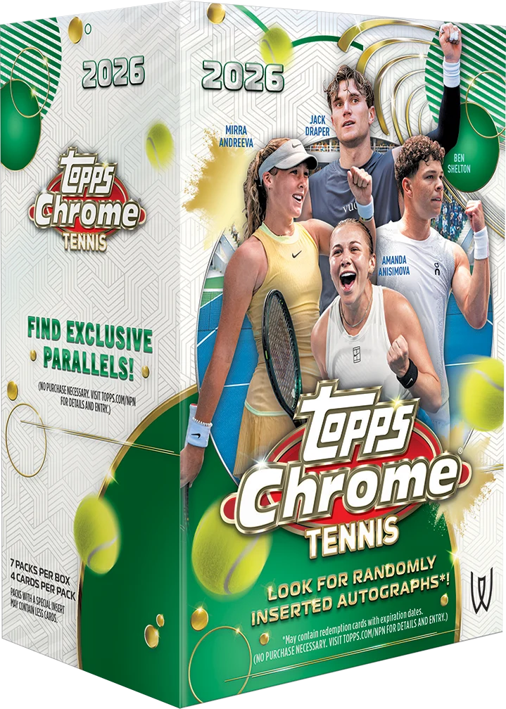 2026 Topps Chrome Tennis Value Box – geschlossene grün-weisse Verpackung mit vier Tennisspielern