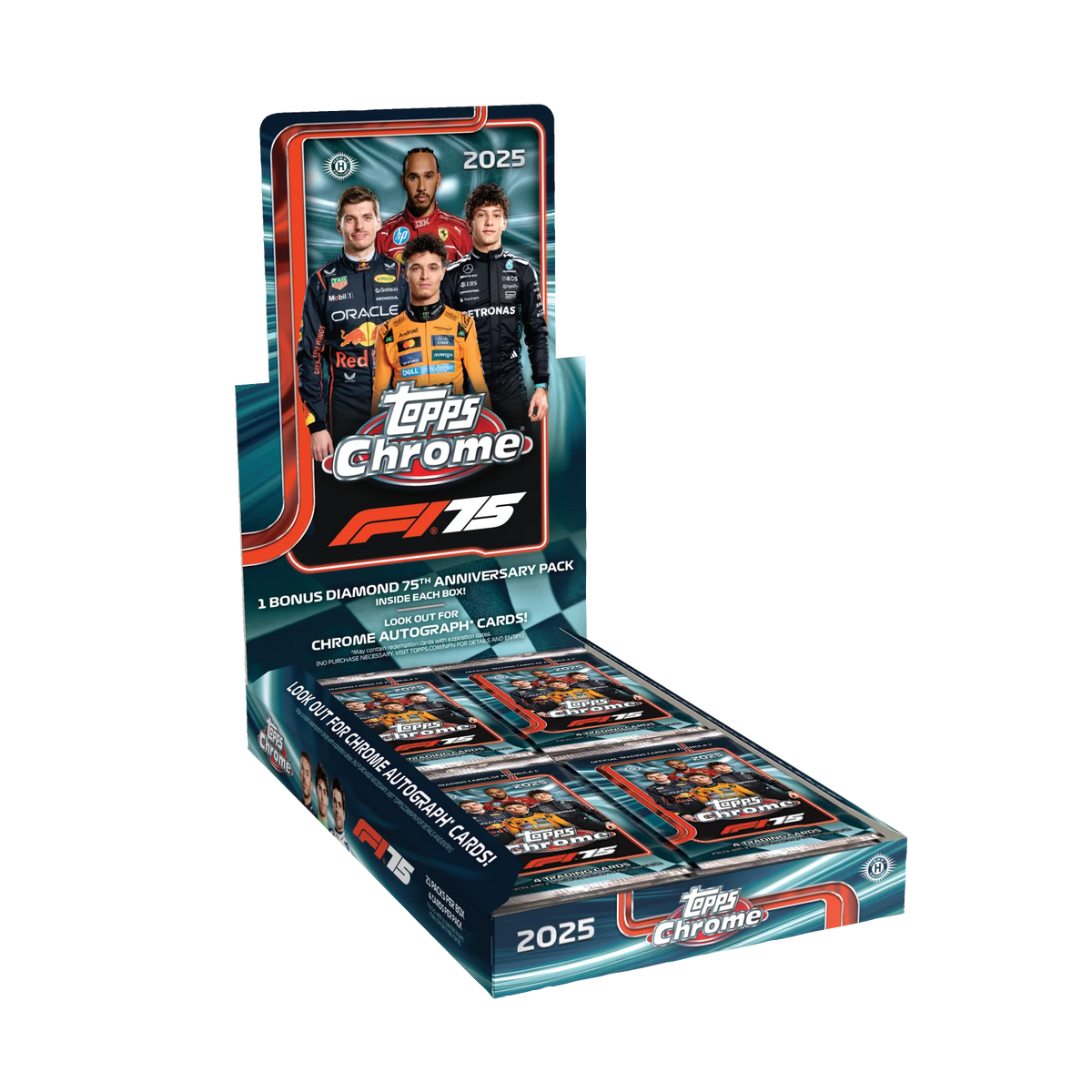 2025 Topps Chrome Formula 1 Hobby Box – geöffnetes türkisfarbenes Display mit Rennfahrern und Booster Packs
