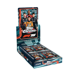 2025 Topps Chrome Formula 1 Hobby Box – geöffnetes türkisfarbenes Display mit Rennfahrern und Booster Packs