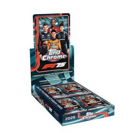 2025 Topps Chrome Formula 1 Hobby Box – geöffnetes türkisfarbenes Display mit Rennfahrern und Booster Packs