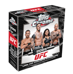 2026 Topps Chrome UFC Mega Box – schwarz-weisse Verpackung mit UFC-Kämpfern