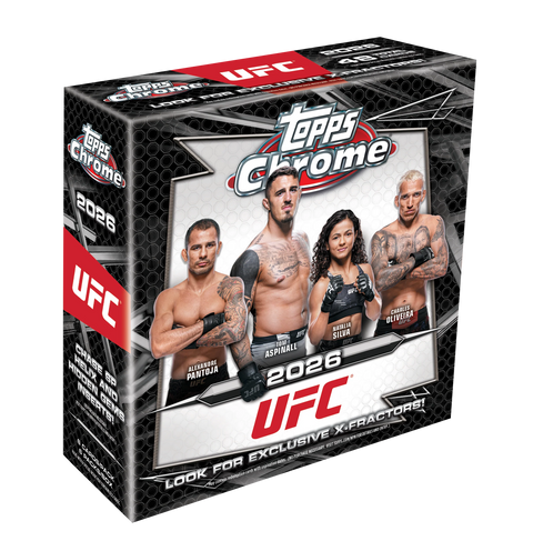 2026 Topps Chrome UFC Mega Box – schwarz-weisse Verpackung mit UFC-Kämpfern