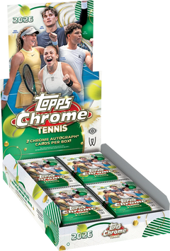 2026 Topps Chrome Tennis Hobby Box – geöffnetes grün-weisses Display mit vier Tennisspielern und Packs