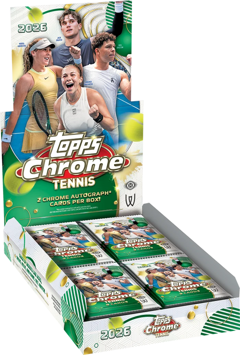 2026 Topps Chrome Tennis Hobby Box – geöffnetes grün-weisses Display mit vier Tennisspielern und Packs
