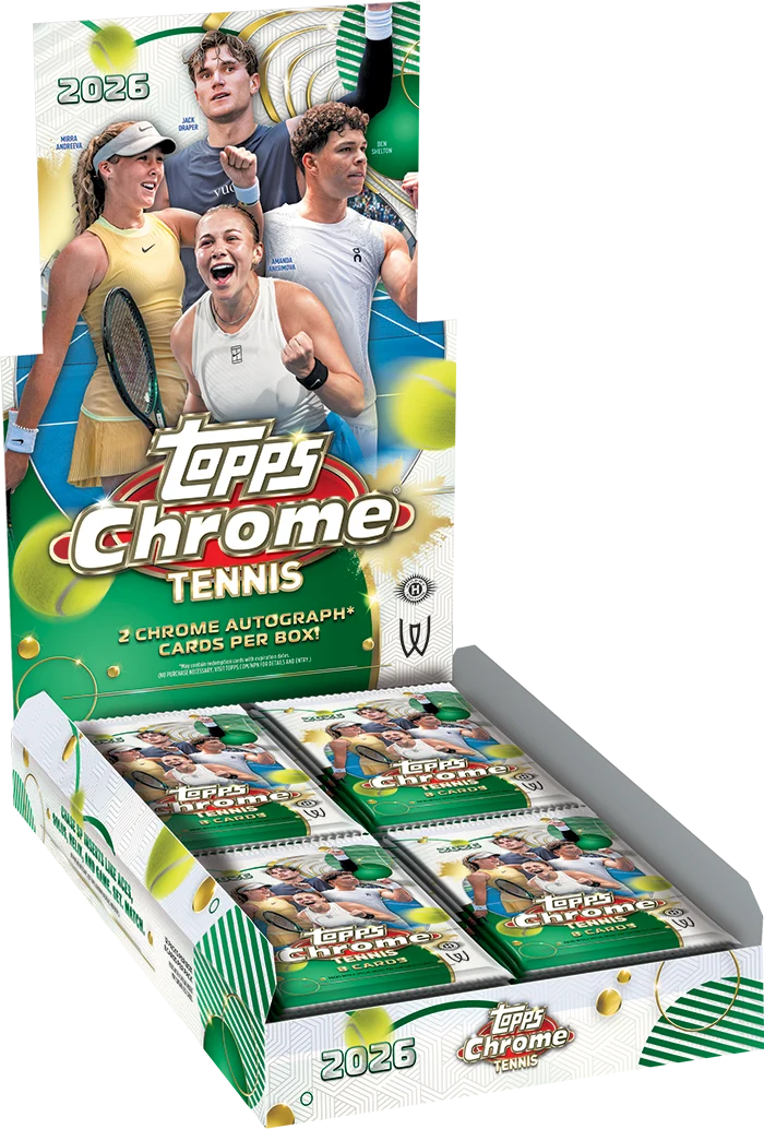 2026 Topps Chrome Tennis Hobby Box – geöffnetes grün-weisses Display mit vier Tennisspielern und Packs