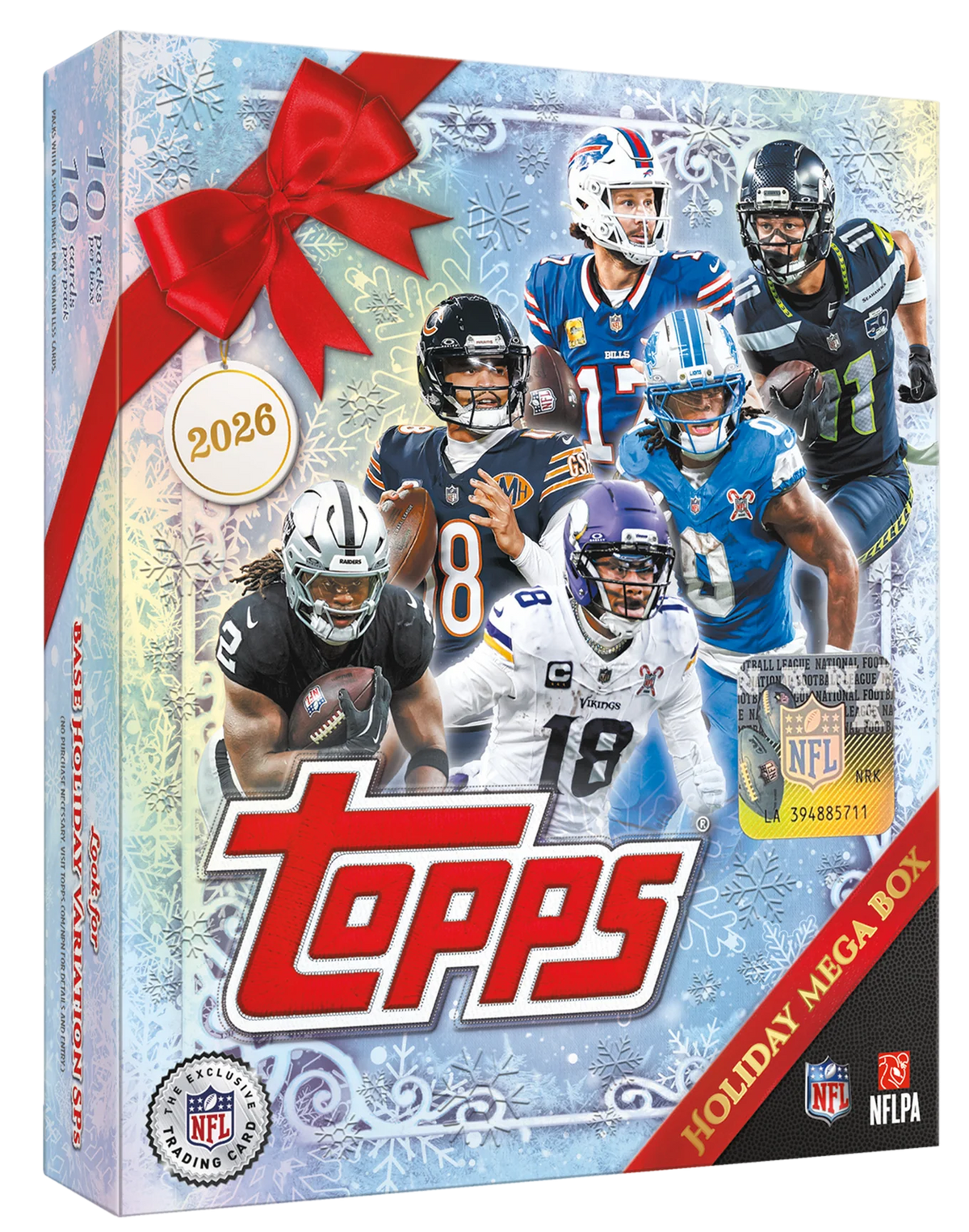 2026 Topps Holiday Football Mega Box – Verpackung mit Footballspielern, Schneeflocken und roter Geschenkschleife