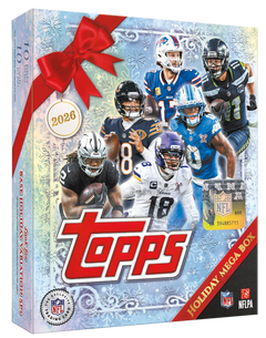 2026 Topps Holiday Football Mega Box – Verpackung mit Footballspielern, Schneeflocken und roter Geschenkschleife
