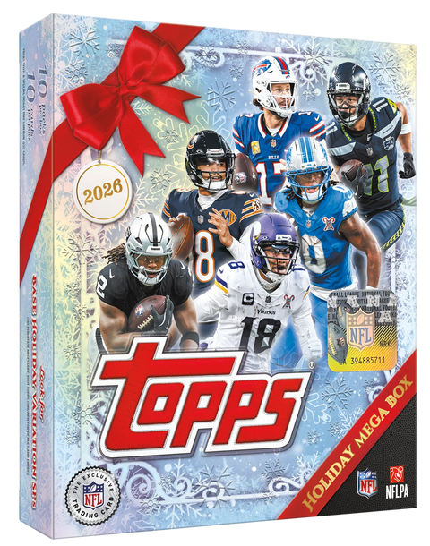 2026 Topps Holiday Football Mega Box – Verpackung mit Footballspielern, Schneeflocken und roter Geschenkschleife