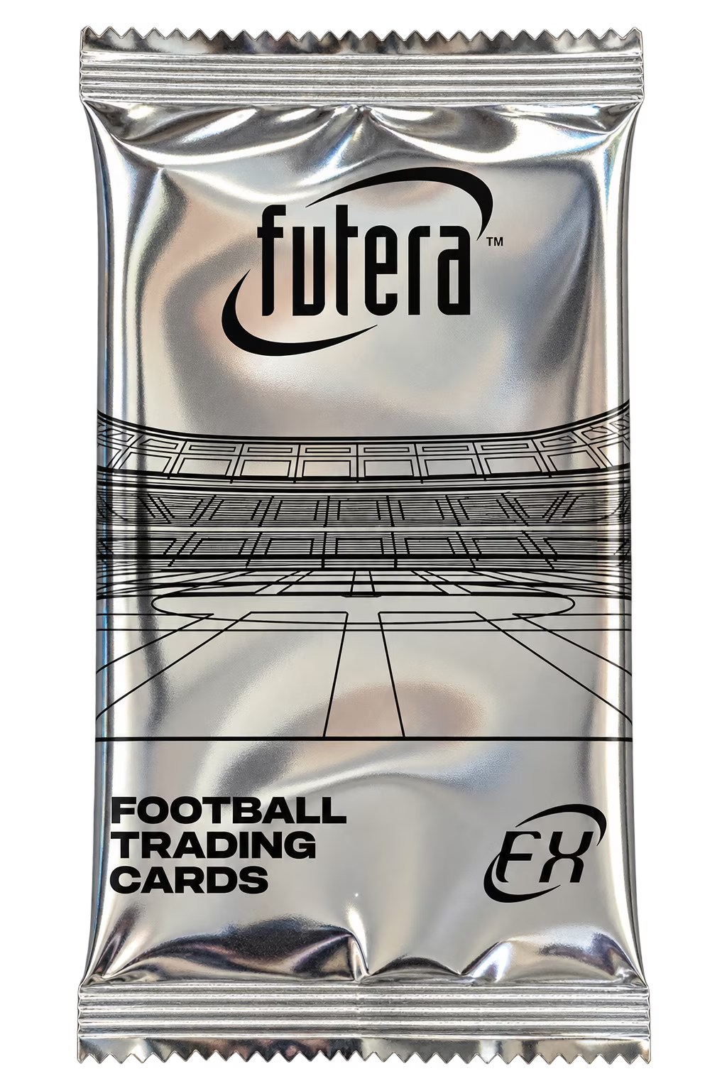 Futera FX Football Booster Pack – silberne Folienverpackung mit Stadionlinien