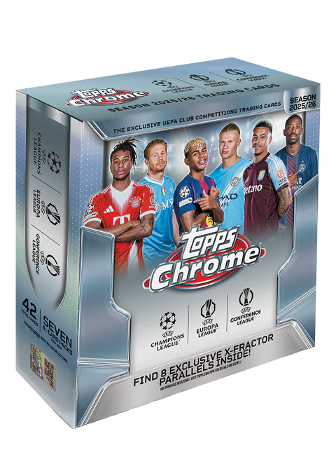 Topps Chrome UEFA Club Competitions 2025/26 Mega Box - Fußball Trading Cards mit Haaland und De Bruyne