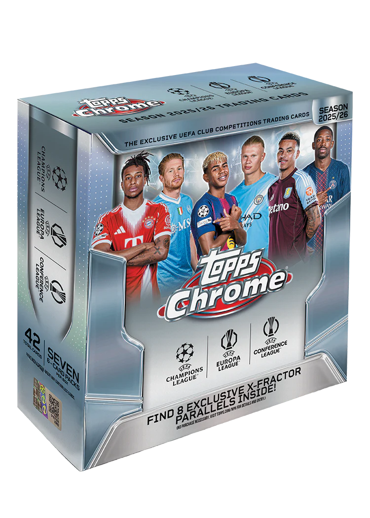 Topps Chrome UEFA Club Competitions 2025/26 Mega Box - Fußball Trading Cards mit Haaland und De Bruyne